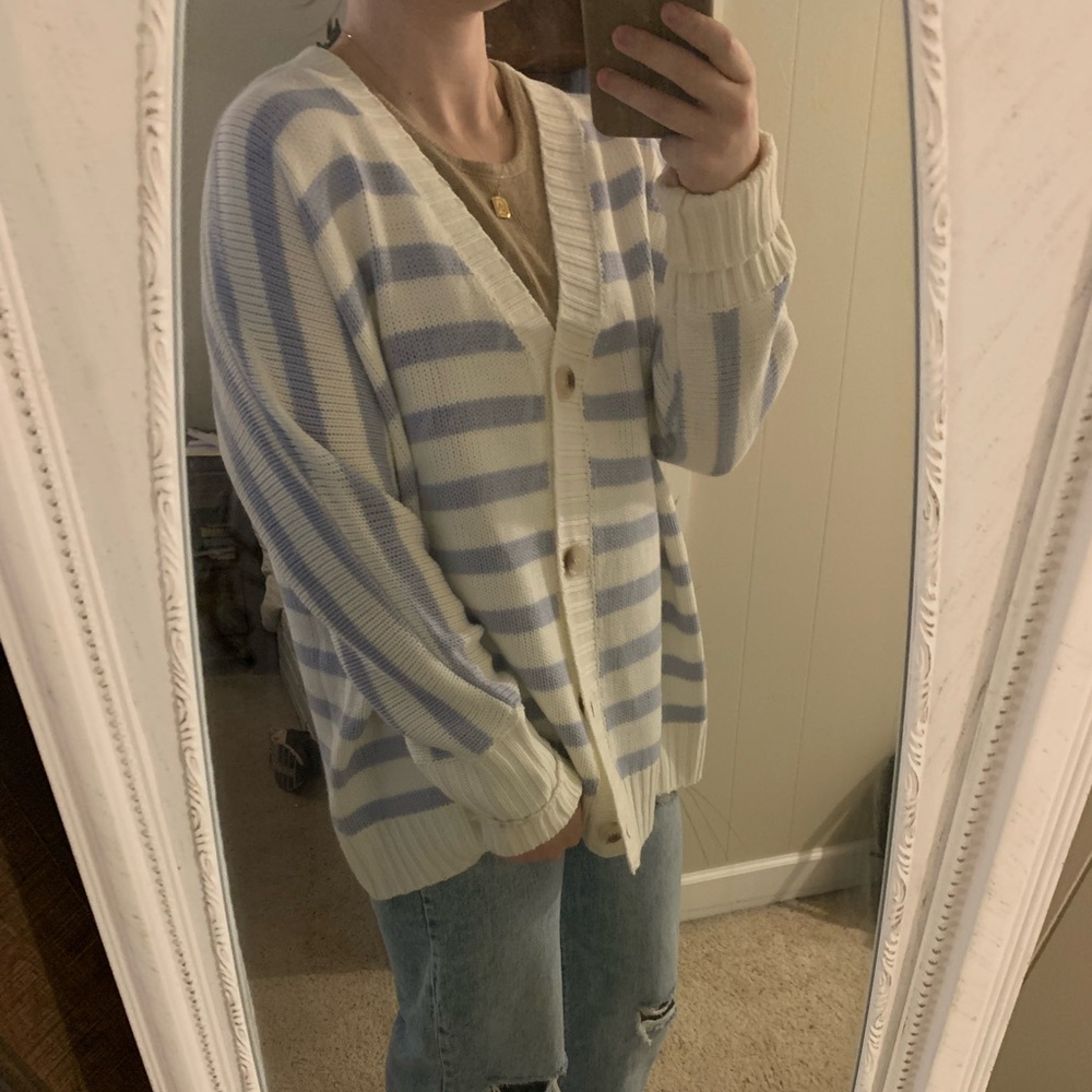 Blue and white oversized button up sweater